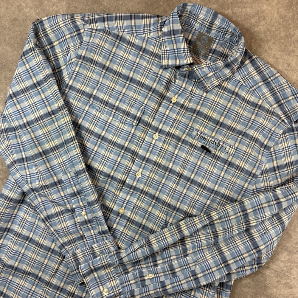 Vineyard Vines Button Down‎ Shirt Mens M Blue Plaid Performance Harbor Vented